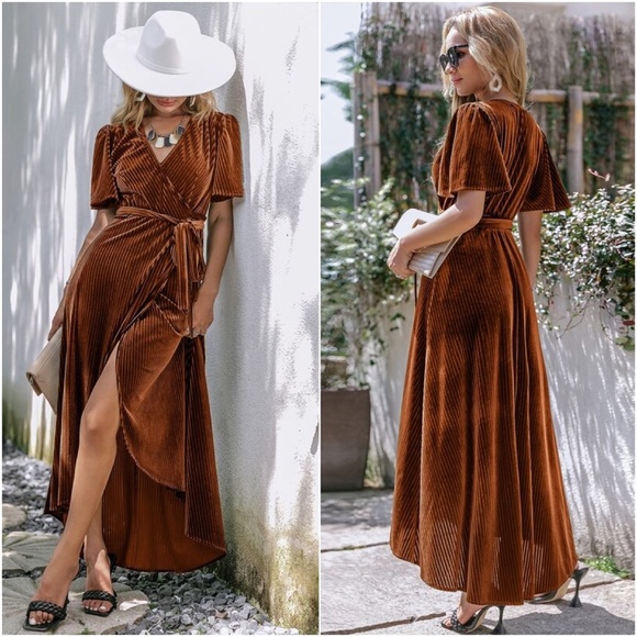 Luxe Rust Velvet Butterfly Sleeve High low Belted Ribbed Maxi Dress - Picture 2 of 7